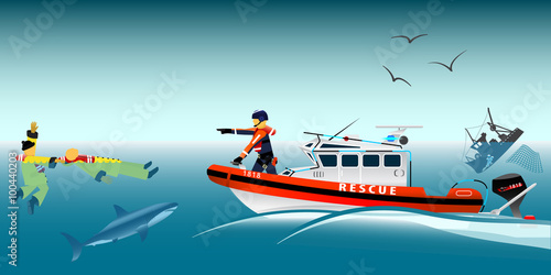 Vector illustration. Rescue boat and fishermen at sea. The collapse of the sea. A sinking ship. Shark. Fishing net. Rescue at sea. Lifeguard boat. Swimmer.