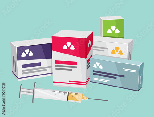 Tablet and antibiotics for patients. Vitamins and medications. Pharmacy. Injection. Cartoon flat vector simple illustration.