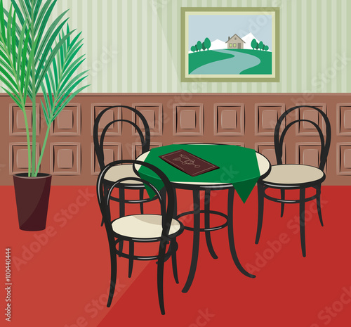 Traditional romantic cafe. Interior of the restaurant. Reservation. Lounge bar. Simple cartoon vector illustration.