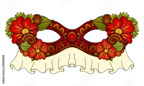 Vector Ornate Red Mardi Gras Carnival Mask with Decorative Flowe