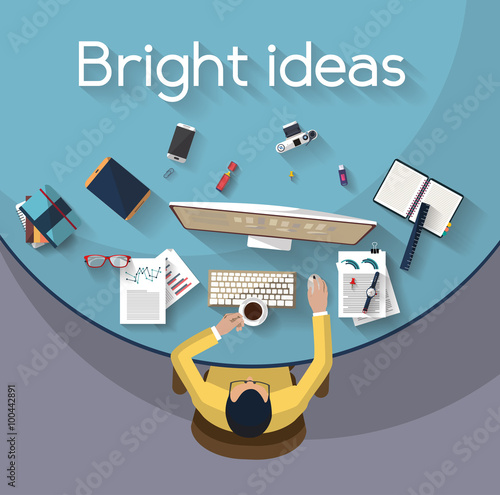 Flat design of business concept and work concept - top view of man working on a desktop, the desk contain a set of objects (glasses, pens,smart-phone...). the creativity , bright ideas, startup.