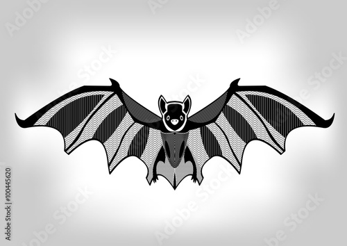 Bat, black and white stylized ornamental symmetric drawing, isolated animal on gray gradient background, useful as decoration, tattoo template, emblem photo