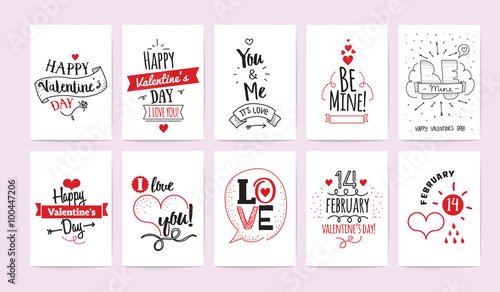 Valentines Day greeting cards. 10 vectorss set. Hand drawn and typographic vintage design.