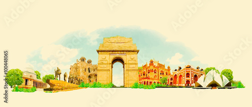 vector watercolor DELHI city illustration photo
