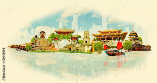 vector watercolor HONK KONG city illustration