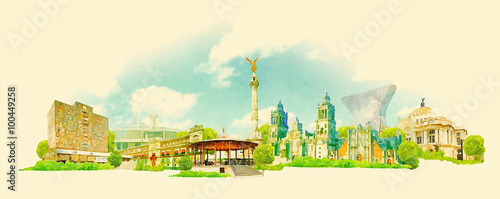 vector watercolor MEXICO city illustration