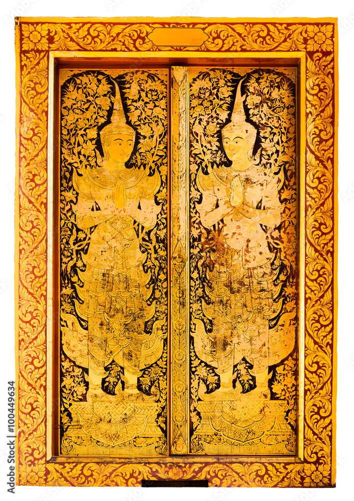 Gate of public temple painted with beautiful thai style on white background