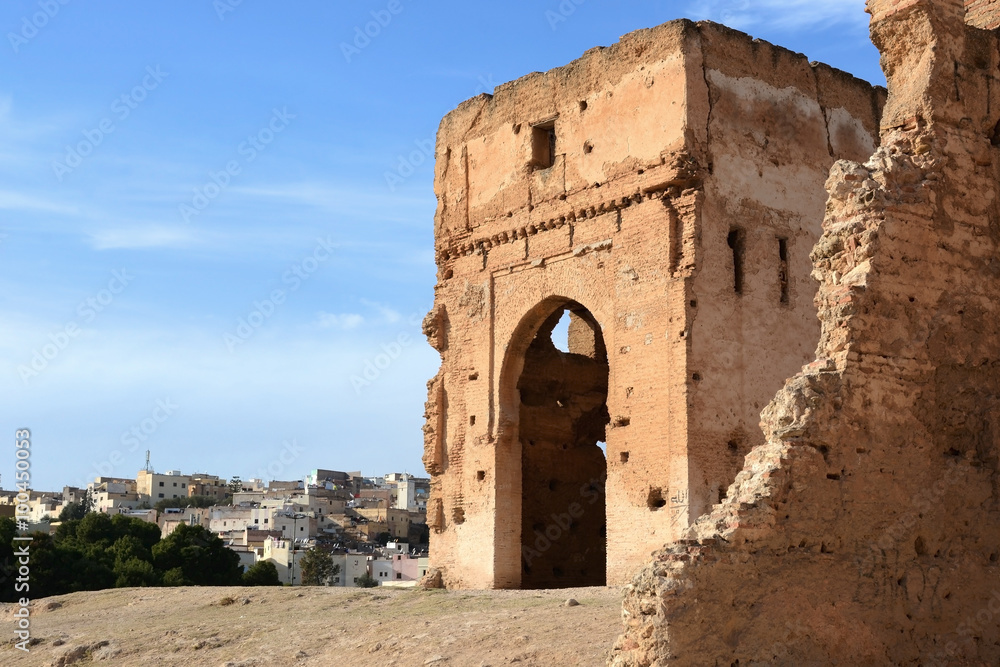 Fez, Morocco - December 28: Ruins of Merinid Tombs on the hill above old medina in Fes, Morocco