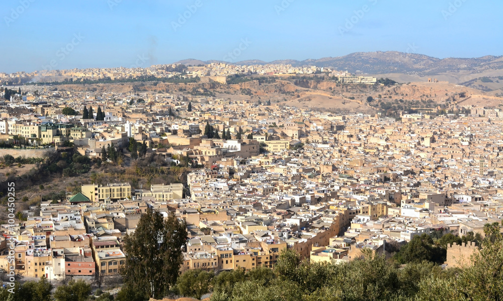 Fez, Morocco - December 28: The aerial view of Fes city town called Medina in Morocco