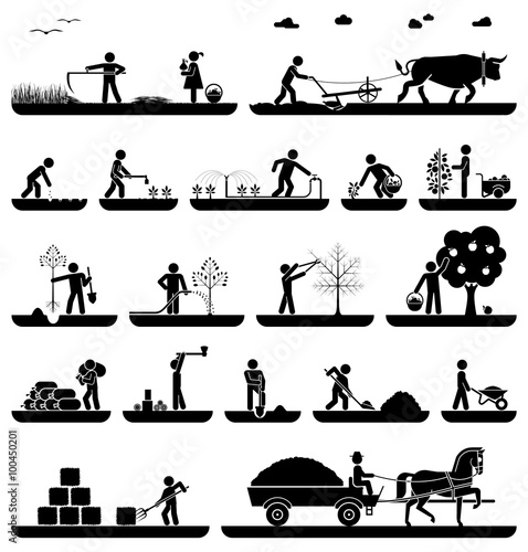 Set of pictogram icons presenting agricultural work and life on