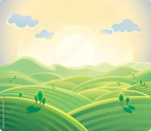 Sunrise over the hills. Natural landscape.