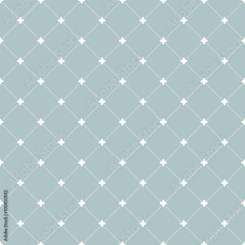 Geometric repeating vector ornament with diagonal dotted lines. Seamless abstract modern light blue and white pattern
