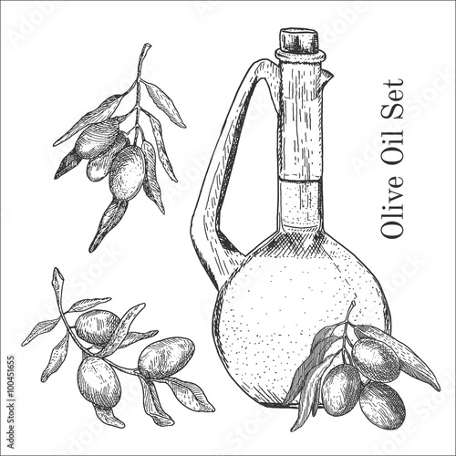 Ink hand drawn olive oil set