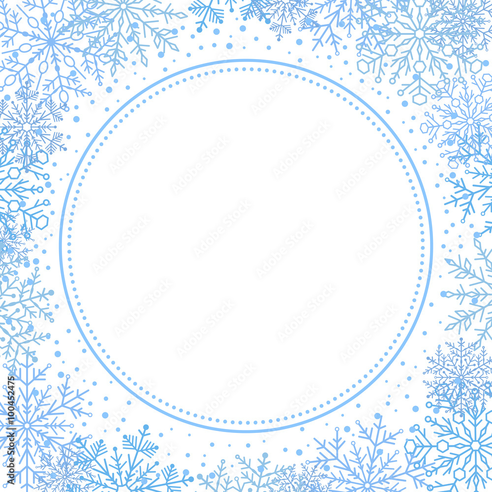 Winter vector frame with blue arabesques and snowflakes. Fine greeting card Winter vector frame with blue arabesques and snowflakes. Fine greeting card