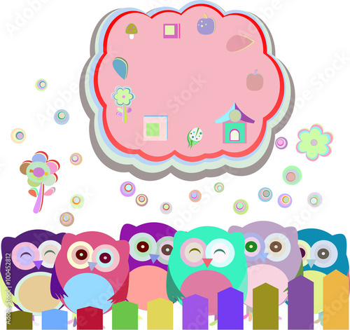 happy owl family with speech bubble, vector illustration