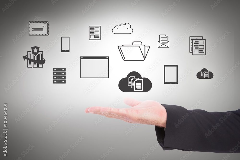 Composite image of businessman holding hand out in presentation Composite image of businessman holding hand out in presentation