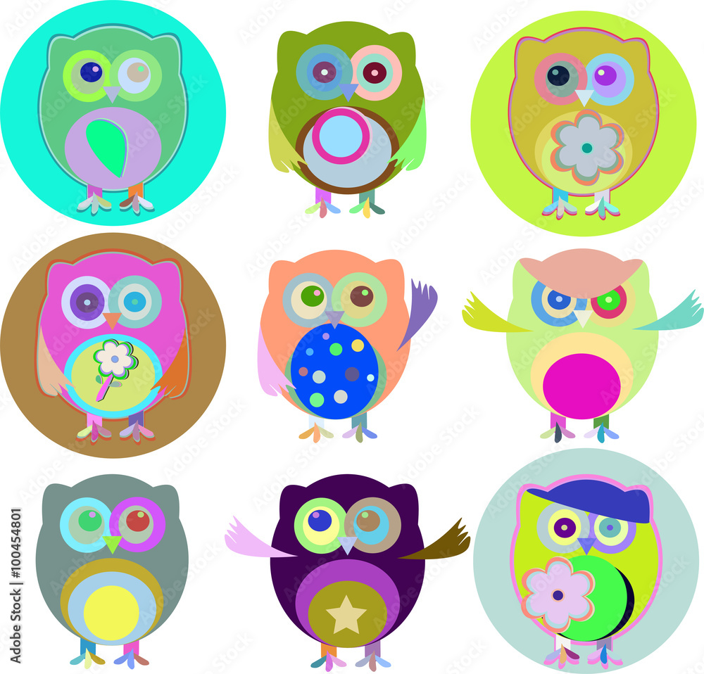 Vector illustration of colorful owls with nine color combinations