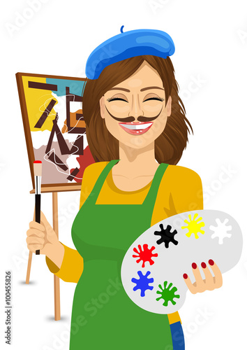 cute female artist with funny mustache painting with colorful palette