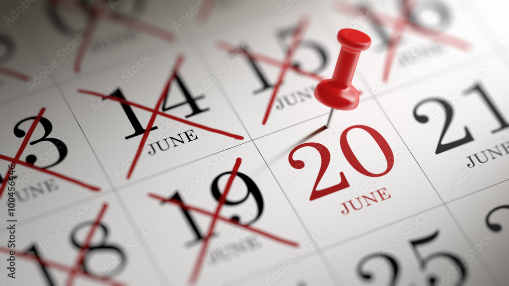 June 20 written on a calendar to remind you an important appoint June 20 written on a calendar to remind you an important appoint