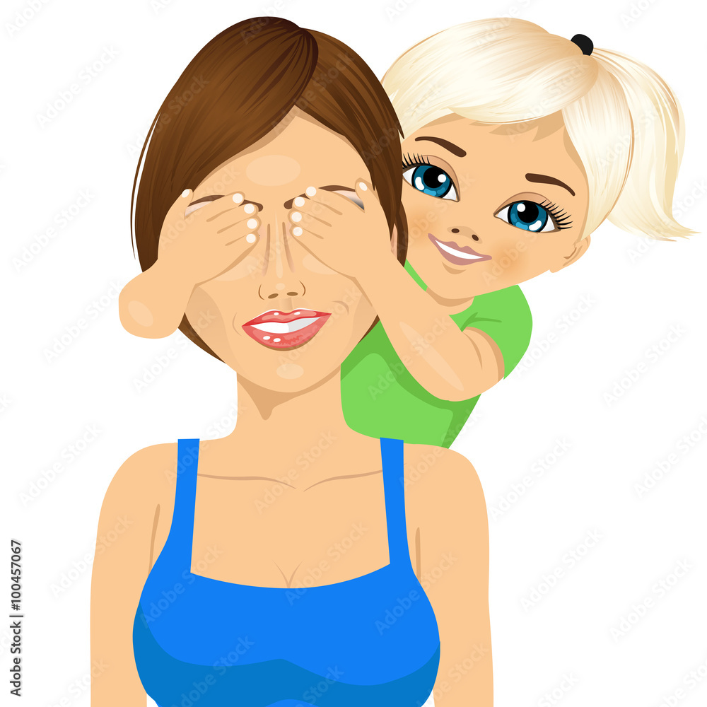 little daughter covering her happy mother eyes with her hands smiling little daughter covering her happy mother eyes with her hands smiling