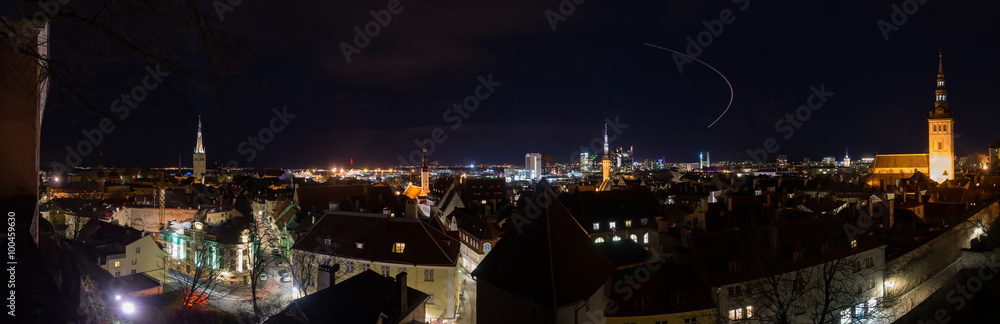 Wide night panorama of Tallinn old town, Estonia