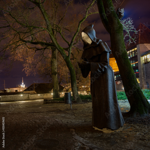 Monk statue in Tallinn old town, Night, Estonia photo