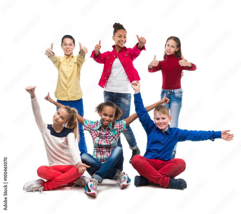 teenagers sitting and standing with thumbs up - obrazy, fototapety, plakaty 