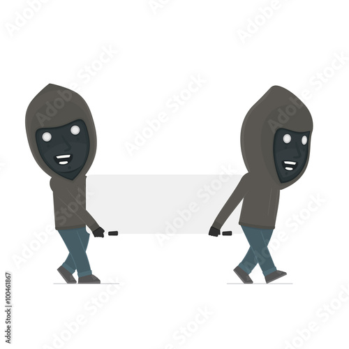 Funny Character Anonymous Hackers holds and interacts with blank