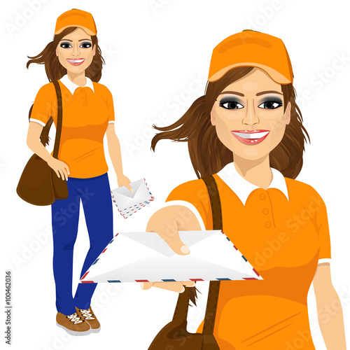 hispanic post woman in orange shirt uniform delivering mail with brown leather bag