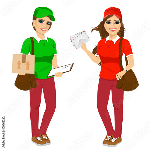 two attractive post women in uniform with brown leather bag delivering mail and delivery cardboard 