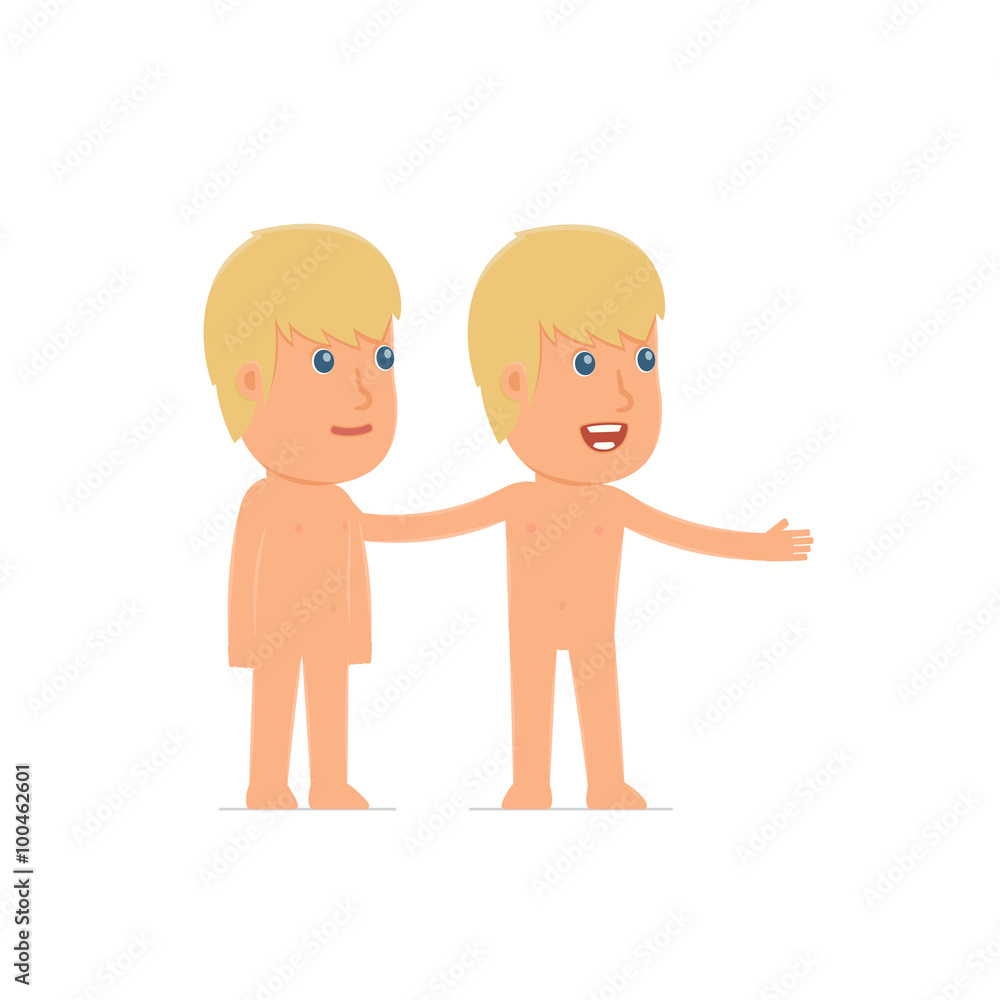 Active Character Naked Man making presentation of his product to Active Character Naked Man making presentation of his product to