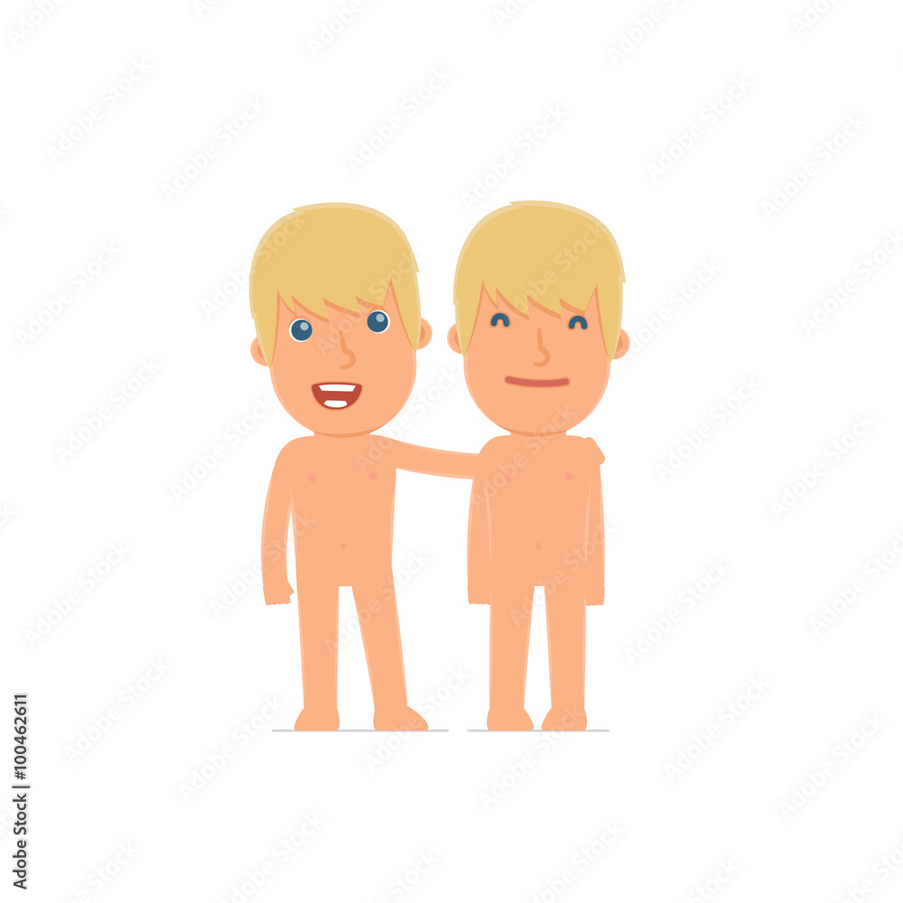 Joyful Character Naked Man and his best friend standing together Joyful Character Naked Man and his best friend standing together