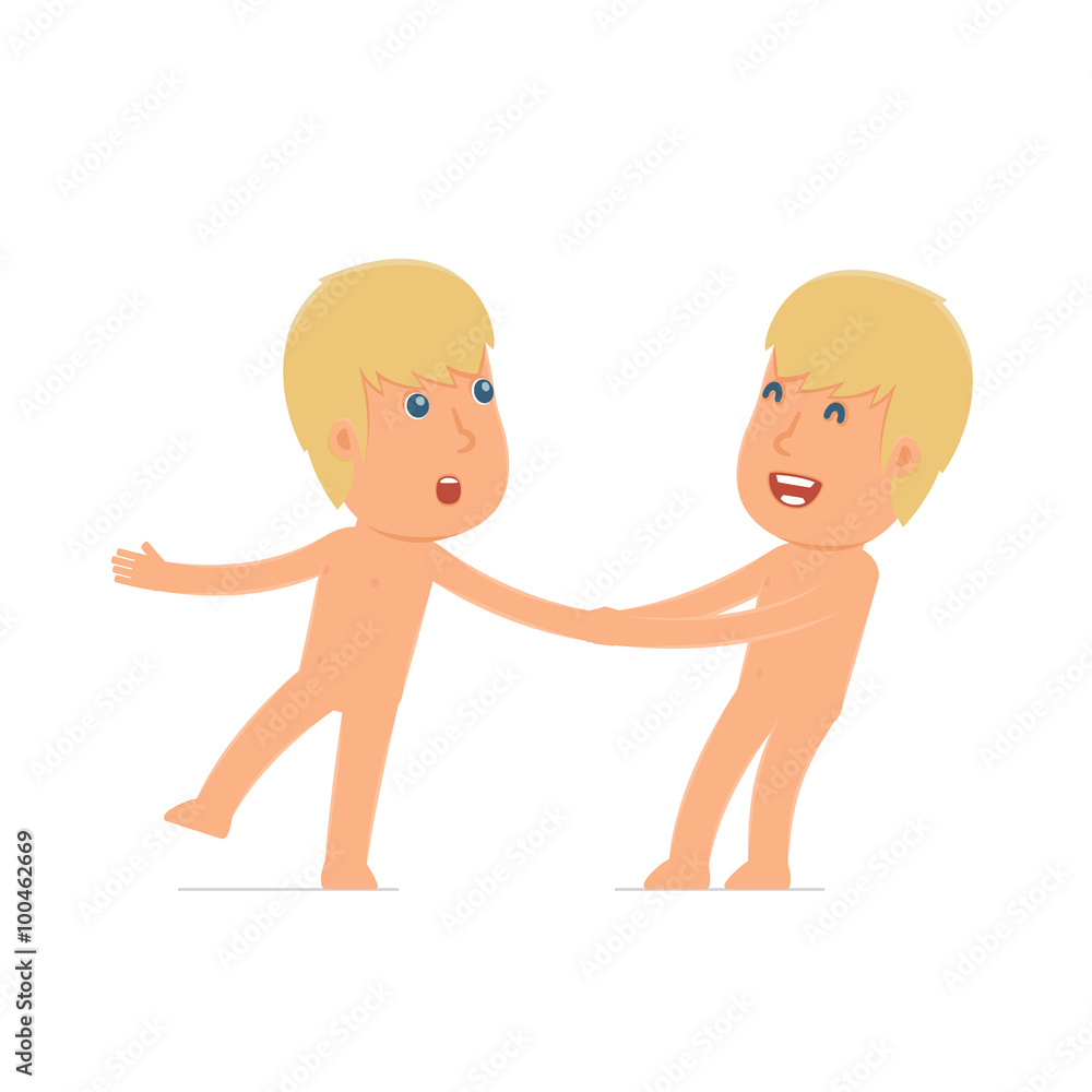 Funny and Cheerful Character Naked Man drags his friend to show Funny and Cheerful Character Naked Man drags his friend to show