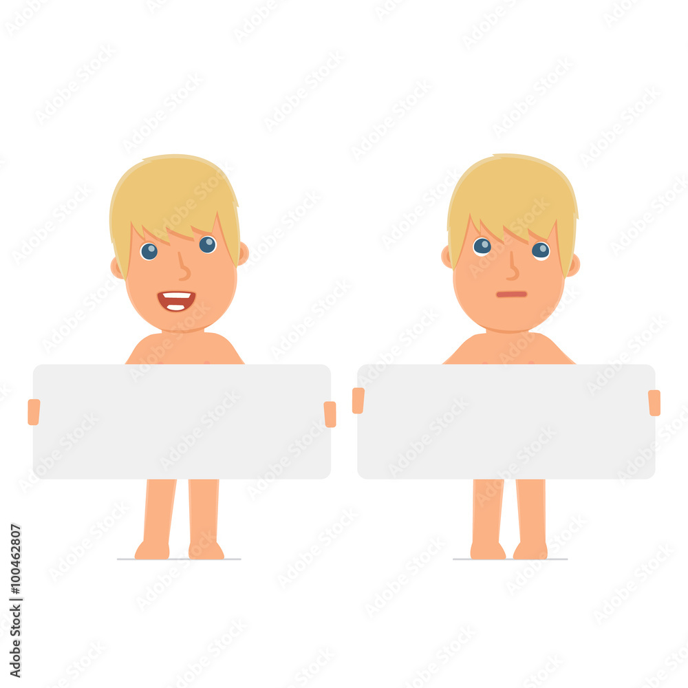 Funny Character Naked Man holds and interacts with blank forms o Funny Character Naked Man holds and interacts with blank forms o