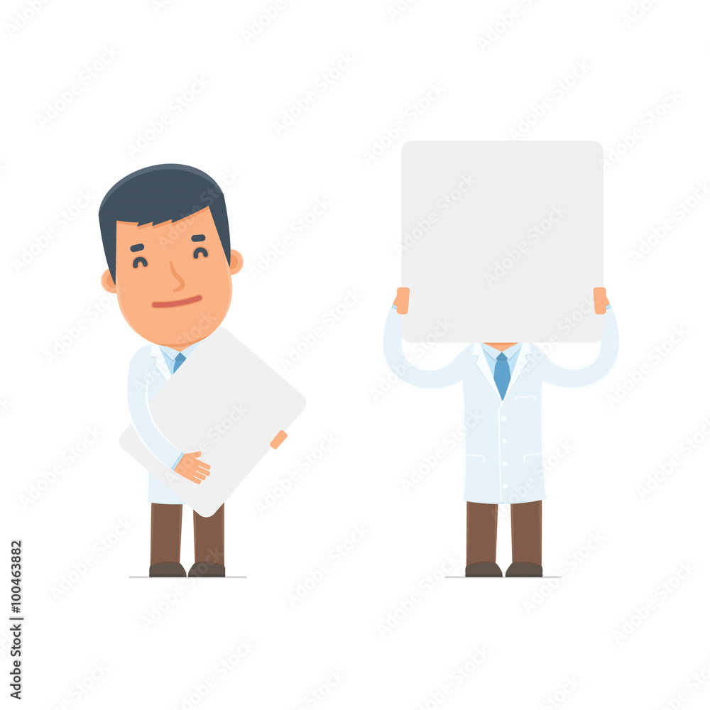 Funny Character Doctor holds and interacts with blank forms or o Funny Character Doctor holds and interacts with blank forms or o