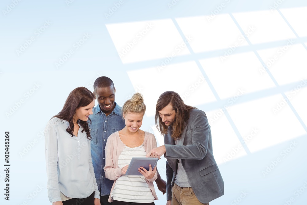 Woman holding digital tablet and discussing with friends Woman holding digital tablet and discussing with friends