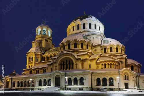 Alexander Nevsky Cathedral lit with yellow light, Sofia, Bulgaria