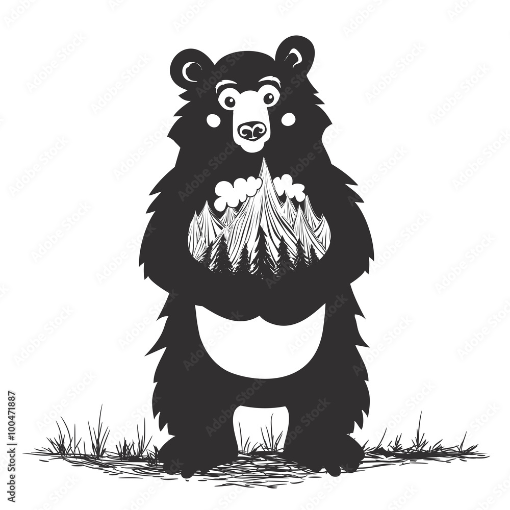 Obraz premium Hand drawn style typographiy poster with bear holding mountains and trees