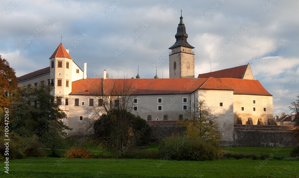 Evening panoramic view of Telc or Teltsch town castle