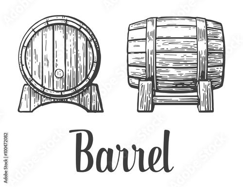 Wooden barrel set. Black and white vintage vector illustration.