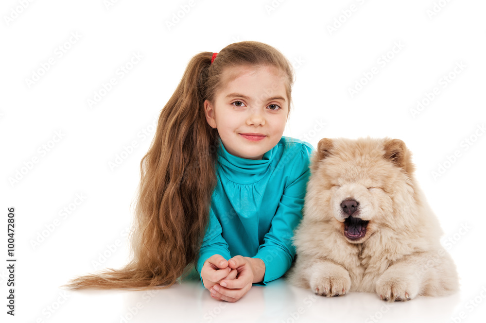 Little girl with chow-chow puppie isolated on white background