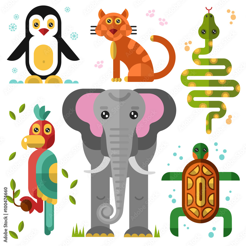 Fototapeta premium Geometric flat animals: kakadu, elephant, parrot, penguin, turtle, snake, boa, wild cat, bobcat. Flat vector illustration set. 