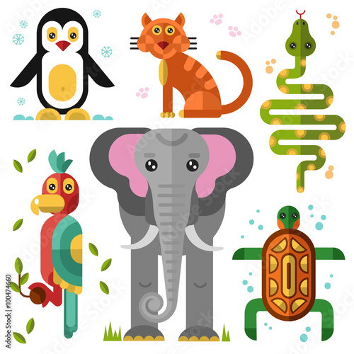 Geometric flat animals: kakadu, elephant, parrot, penguin, turtle, snake, boa, wild cat, bobcat. Flat vector illustration set. 
