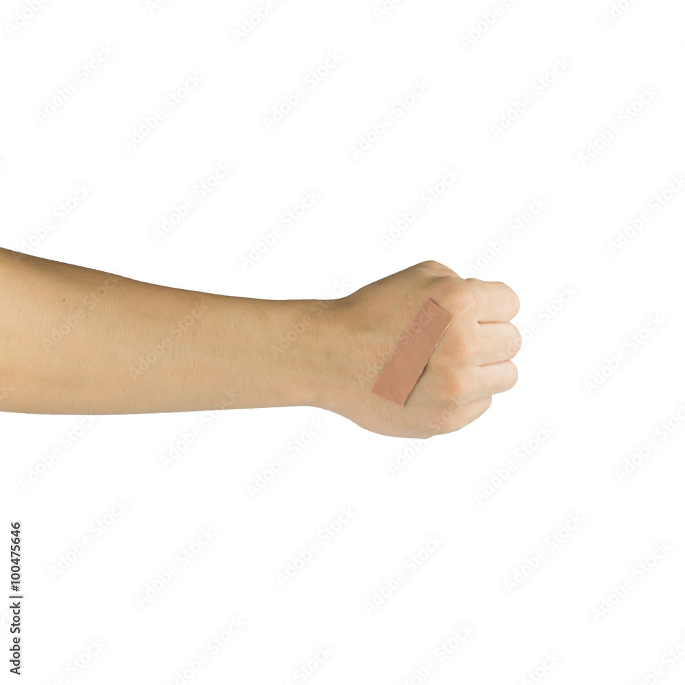Injured hand and finger covered by plaster on white background Injured hand and finger covered by plaster on white background