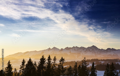 Skyline of the Tatra Mountains at sunrise