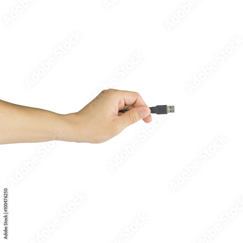 Flash drive in man hand isolated on white background