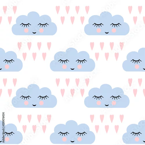 Tapety Wzór chmur. Wzór z uśmiechający się śpiące chmury i serca na wakacje dla dzieci. Słodkie dziecko prysznic tło wektor. Dziecko rysunku stylu dżdżyste chmury w miłość wektoru ilustraci.