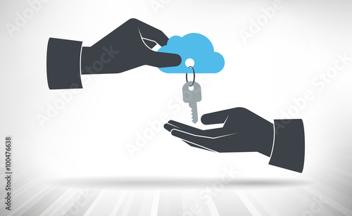 Hand giving keys to cloud. Concept of cloud access handed over from one person to another