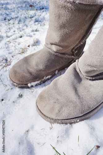 Grey fuzzy boots in the winter snow