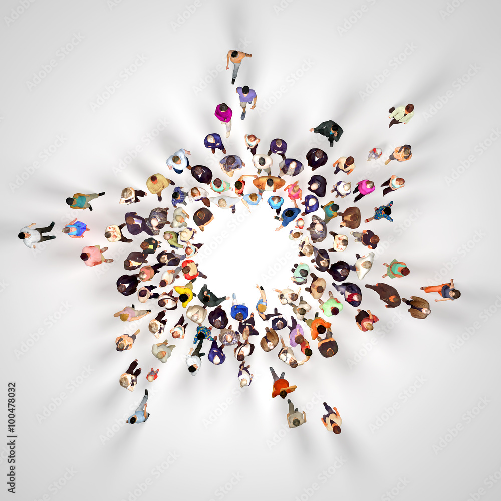 crowd around empty center, high resolution top view 3d render
